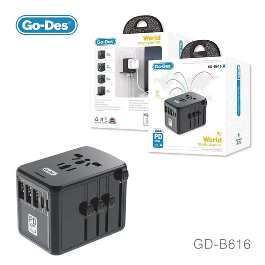 Go-Des All in One 3 USB 2 Type-C Worldwide AC Power Wall Charger Plug EU UK AUS Asia Universal Travel Adapter 35W PD Super