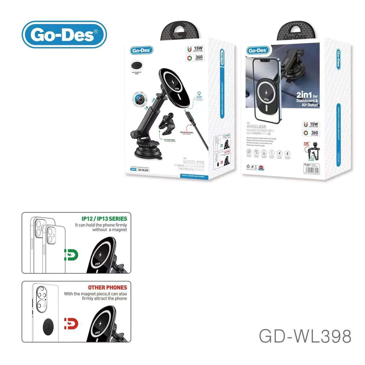 Go Des 2 in 1 Phone Holder Suction Cup Design with Magnetic Wireless Charging-GD-WL398