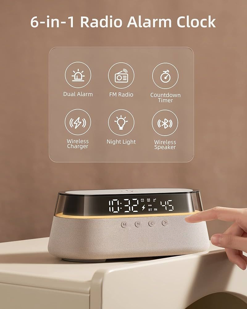 Pro 6-in-1 Radio Alarm Clock with Wireless Charging 15W