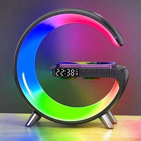 Wireless Charger Atmosphere Lamp, RGB Color Changing Mood Light with Time Display, 256 Modes and 16 Million Light Colors, Bluetooth Speaker Desk Lamp with Alarm Clock