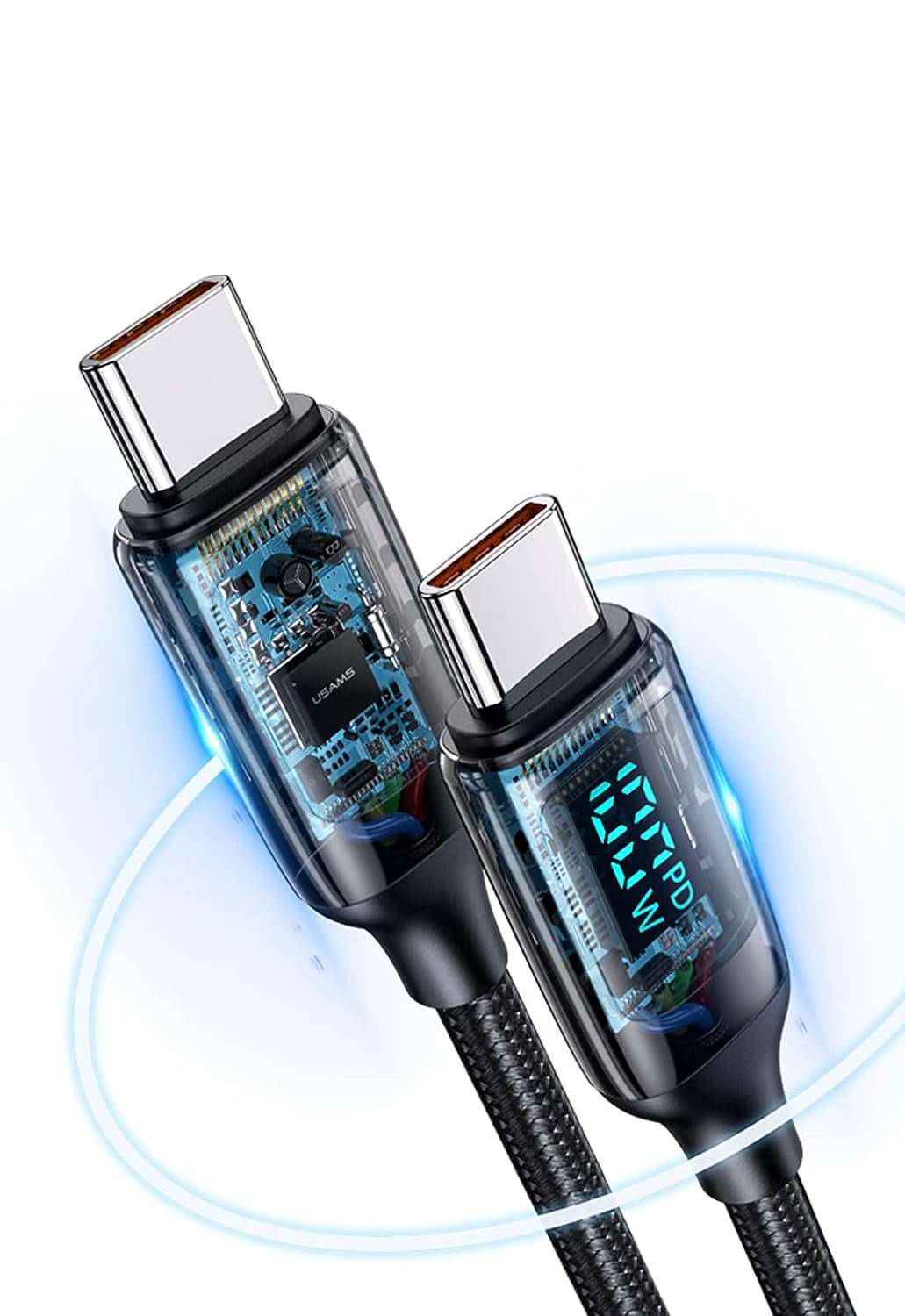 Usams US-SJ546 Digital Display Chip, Braided, 1.2 m PD 100 W Type-C Fast Charging and Data Cable
