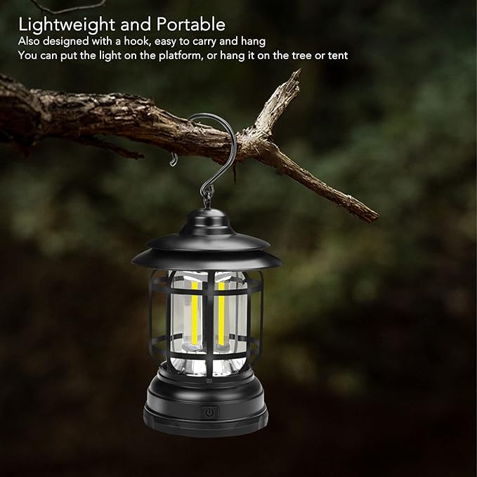 Retro Camping Lantern, IPX4 Waterproof Lightweight Eye Protection USB Rechargeable Portable Outdoor Tent Lamp 2400mAh Bright for Hiking (Black)