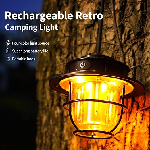 Camping Lantern, Rechargeable LED Lantern Vintage Camping Lights with 4 Modes with Dimmable Control Portable Waterpoof Outdoor Lamp Portable Tent Hanging Light for Camping, Indoor