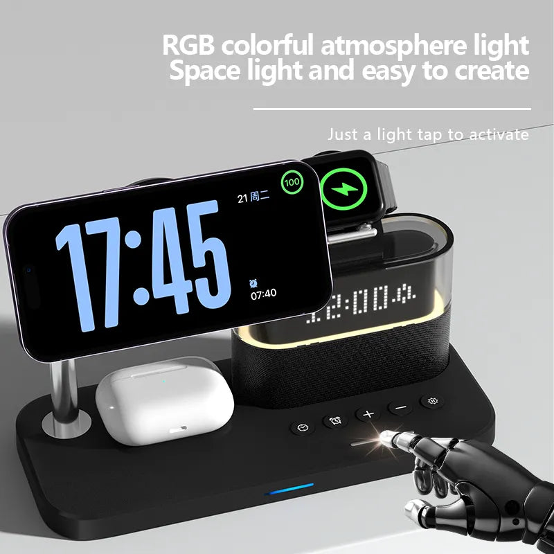 Led Night Light Time Display Wireless Charger Multiple Wireless 4 In 1 Digital Alarm Clock Phone Charger Holder