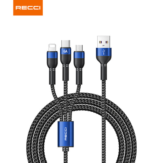 RTC-T12 3-In-1 Cord 120cm. 66W Fast Charging. Type-C Port + Micro And Lightning Port.