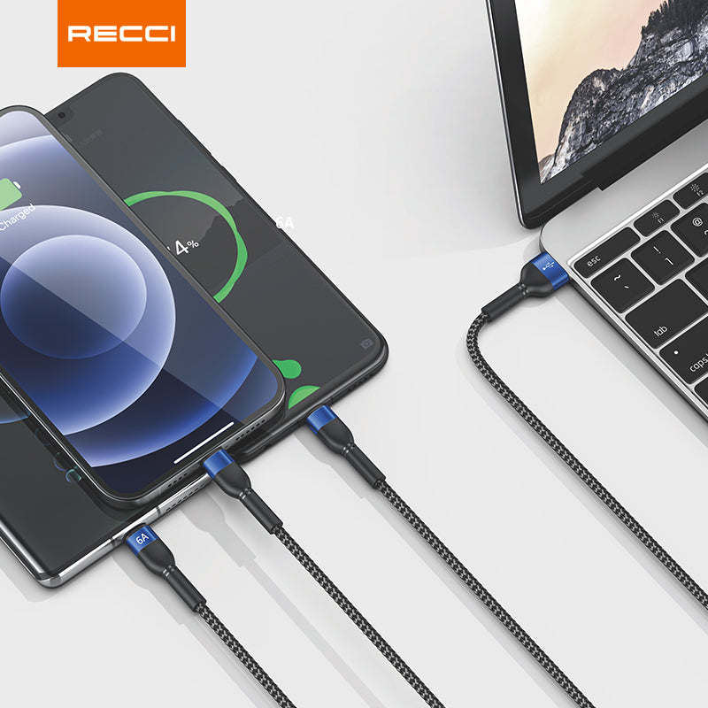 RTC-T12 3-In-1 Cord 120cm. 66W Fast Charging. Type-C Port + Micro And Lightning Port.