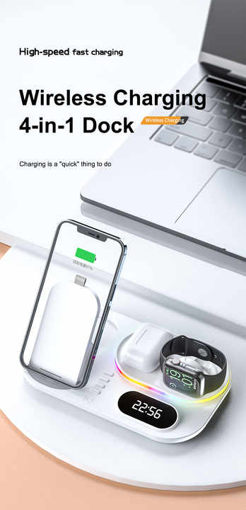 4 In 1 Wireless charger A06 Digital Clock Qi Fast Stand Foldable Dock Station For IPhone iwatch airpods samsung huawei phone