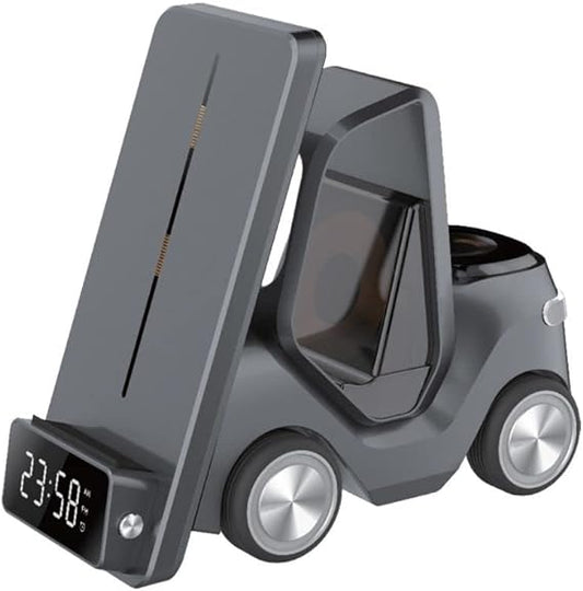 Desktop Phone Stand iWatch Wireless Fast Charging Creative Car Design Multifunctional Alarm Clock Cool Atmosphere Light (Black)