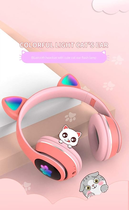 L400 Headphones with Cat Ear,Cat Ear LED Light Up Foldable Over Ear Headphone with Microphone,Stereo Wireless Bluetooth Headphones for Kids Adults(Color : Blue)