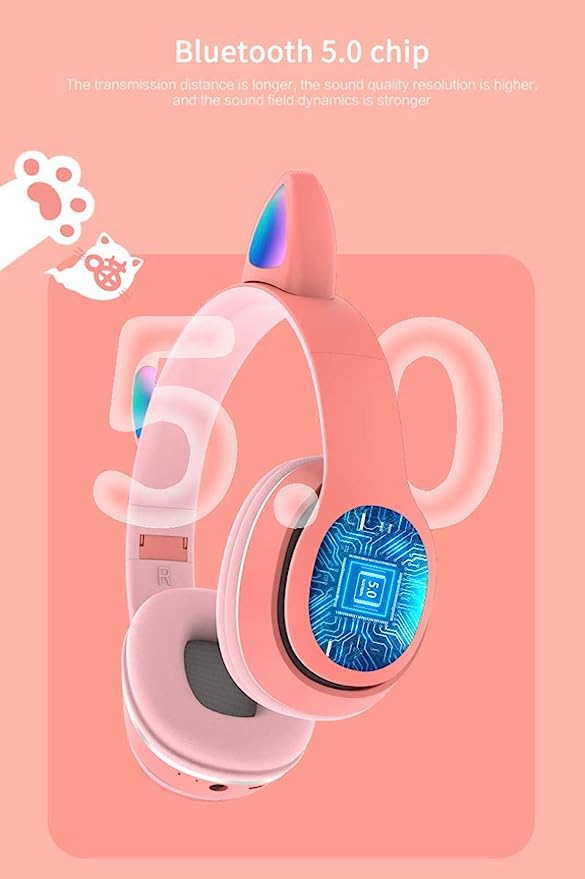 L400 Headphones with Cat Ear,Cat Ear LED Light Up Foldable Over Ear Headphone with Microphone,Stereo Wireless Bluetooth Headphones for Kids Adults