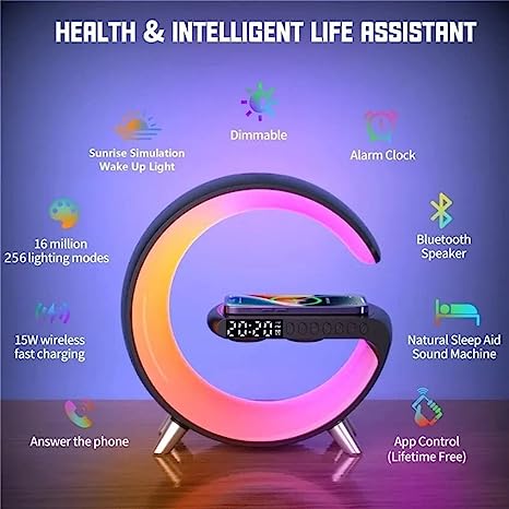 Wireless Charger Atmosphere Lamp, RGB Color Changing Mood Light with Time Display, 256 Modes and 16 Million Light Colors, Bluetooth Speaker Desk Lamp with Alarm Clock