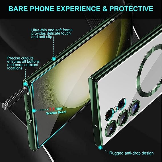 Magnetic Clear Case for Samsung Galaxy S23 Ultra 5G with Camera Lens Protector, Compatible with MagSafe, Electroplated Slim Shockproof Phone Protective Cover for Women Men (Green)