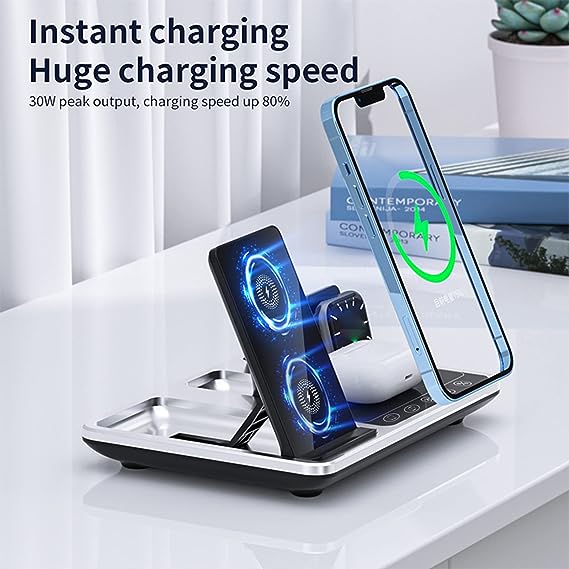 R11 Multifunctional 4 in 1 Wireless Charger Folding Portable Charging Station with Digital Display, White Light, Time Function