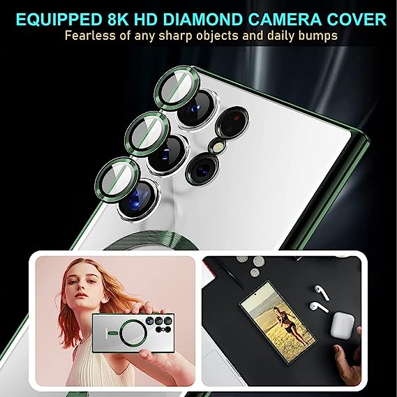 Magnetic Clear Case for Samsung Galaxy S23 Ultra 5G with Camera Lens Protector, Compatible with MagSafe, Electroplated Slim Shockproof Phone Protective Cover for Women Men (Green)