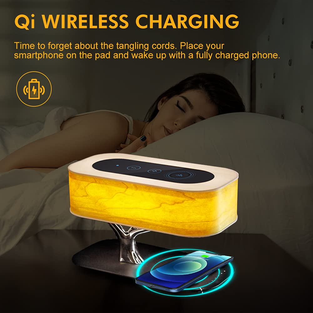 Bedside Lamp with Bluetooth Speaker and Wireless Charger, Table Lamp Desk Lamp with Sleep Mode Stepless Dimming